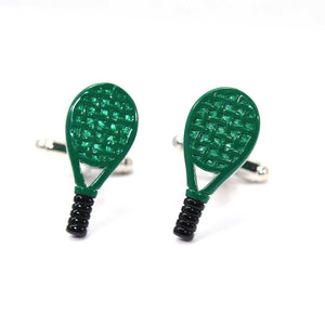 Mancuernillas metalicas en forma de raquetas de padel color verde