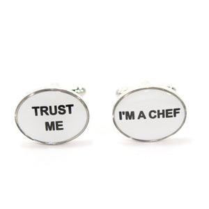 Mancuernillas metalicas con texto: Trust Me - Im a Chef