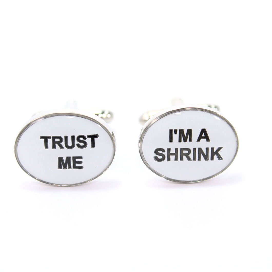 Mancuernillas metalicas con texto: Trust Me - Im a Shrink (Psicologo)